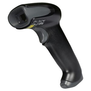 Lector de códigos de barras Honeywell Voyager 1250G, de color negro, en uso con su base en un mostrador de punto de venta.