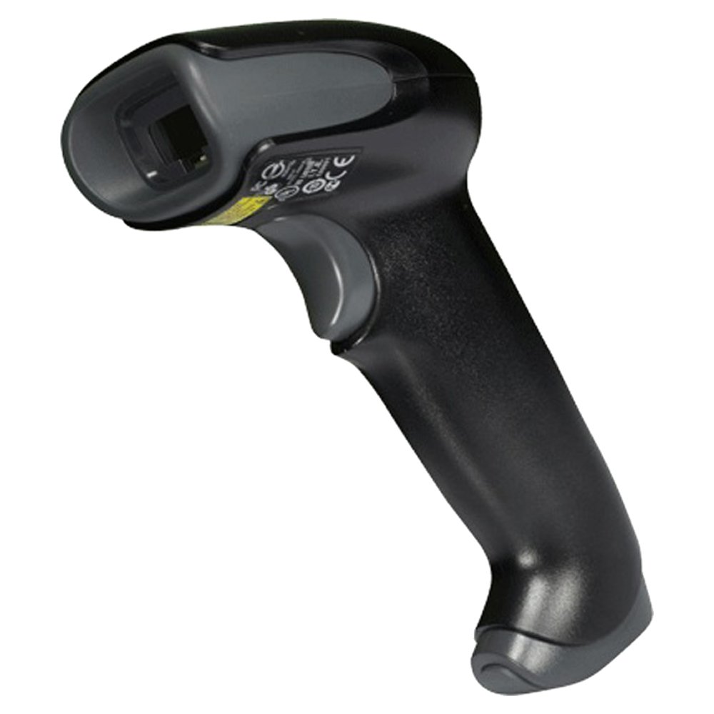 Lector de códigos de barras Honeywell Voyager 1250G, de color negro, en uso con su base en un mostrador de punto de venta.